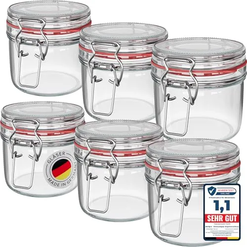 WELLGRO 6x Einmachgläser mit Bügelverschluss rund 400ml, Fermentierglas, Vorratsgläser mit Deckel - Gläser mit Deckel Made in Germany
