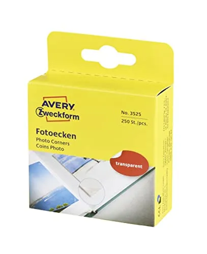 AVERY Zweckform 3525 Fotoecken selbstklebend 250 Stück (17x18mm, Foto Zubehör, Aufkleber für Scrapbooking, Fotoalbum, Bullet-Journal, Erinnerungsbuch, Bilder, im praktischen Spender) weiß/transparent