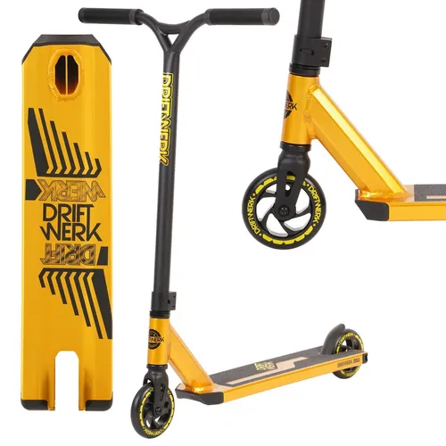Driftwerk Stunt Scooter DS2 Ano Gold - Stuntscooter für Kinder ab 8 Jahren, robust und leicht mit hochwertigen Materialien. Ideal für Freestyle-Tricks und Stadtfahrten, belastbar bis 100kg.