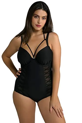 Ulla Popken Damen Bügel-Softcups Neckholder Badeanzug, schwarz, Größe 50