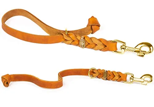 Fettleder Kurzführer, Führleine, Kurzleine (35 cm x 10 mm Messing, Cognac)