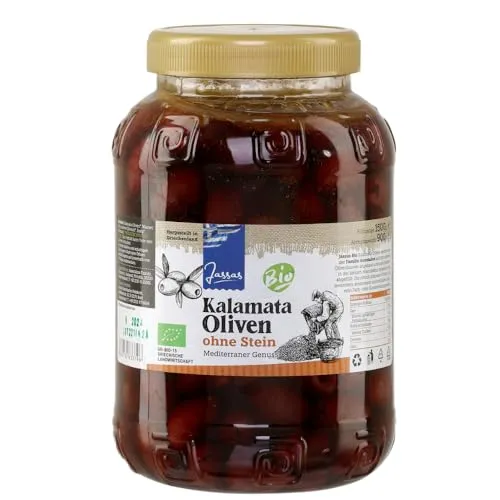 Griechische Kalamata Oliven Ohne Stein 900g | Bio Zertifiziert | Oliven aus Griechenland | Jassas | GR-BIO-15
