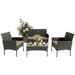 relaxdays 4-teiliges Rattan Gartenmöbel Set - Schwarz - Verwandle Deinen Außenbereich mit diesem eleganten 4-teiligen Möbelset in einen einladenden Treffpunkt. Ideal für gesellige Abende, bietet es Platz für bis zu 4 Personen und ist dank des strapazierfähigen Materials besonders pflegeleicht.