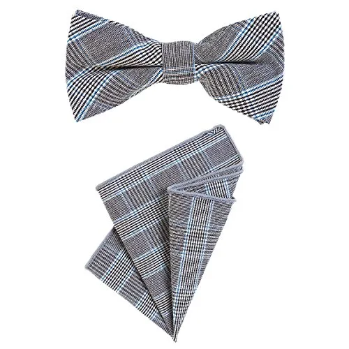 DonDon Herren Fliege 12 x 6 cm mit farblich passendem Einstecktuch 23 x 23 cm beides aus Baumwolle im Tweed Look grau-blau kariert