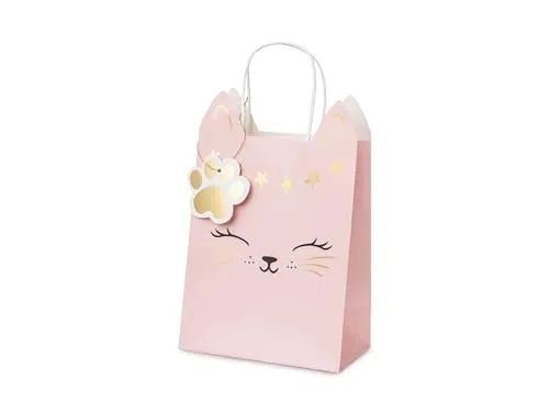 Geschenktüte Katze mit Henkel 18x10x27cm - Papiertüten zum Befüllen für Gastgeschenke und Mitgebsel - Partytüten mit Boden für Kindergeburtstag Mädchen Mottoparty - Hellrosa Gold