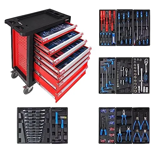 DEMA Werkzeugwagen 262 tlg. - Werkstattwagen mit 262-teiligem Werkzeugset, hochwertig pulverbeschichtet und ausgestattet mit Vollauszügen für sicheren Stauraum. Ideal für Handwerker und Hobbybastler.