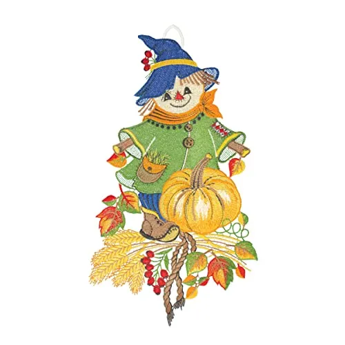 Fensterbild Vogelscheuche auf dem Feld 20 x 36 cm - Herbstliche Fensterdeko aus Plauener Spitze, handgefertigt mit Saugnapf für einfache Befestigung. Verleihen Sie Ihrem Zuhause einen charmanten Akzent!