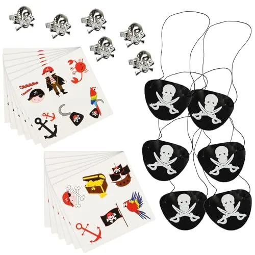 com-four® 24-teiliges Mitgebsel-Set Pirat - Ringe, temporäre Tattoos, Augenklappen für Kindergeburtstag und Mottoparty - Piraten-Party-Zubehör für 6 Kinder [Auswahl variiert] (Set 07 - 24-teilig)