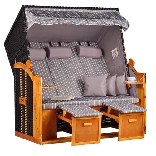 MR. DEKO® Strandkorb Ostsee XXL | Volllieger Strandstuhl Liegestuhl | Dreisitzer PE Geflecht Schwarz inkl. 6 Kissen | Strandkörbe aus Hartholz, Garten, Wintergarten und Terrasse (Dessin Royal Grau)