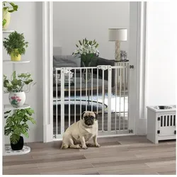 PawHut Türschutzgitter Treppenschutzgitter mit 14 cm Verlängerung Türgitter ohne Bohren Treppengitter für Breiten 74-94 cm Beidseitig Schwenkbar Metall Weiß