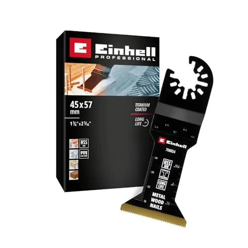 Original Einhell Bi-Metall Tauchsägeblatt titanbeschichtet (45 mm Breite, 57 mm Eintauchtiefe, PTFE-Finishing, Metallverzahnung, Schnellwechselfunktion)