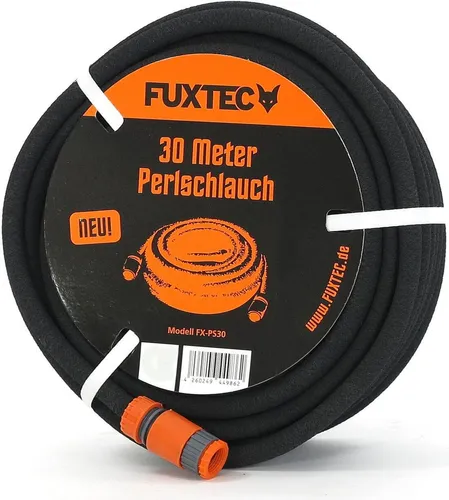 FUXTEC Perlschlauch 30m mit Zubehörset - Gartenschlauch mit großem Zubehör für effiziente Bewässerung, spart bis zu 70% Wasser durch tropfenweise Abgabe.