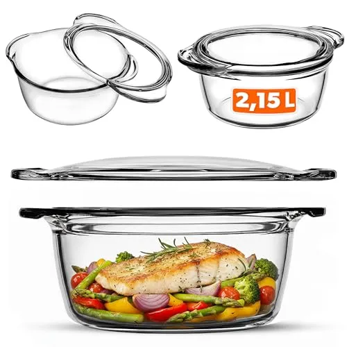 KADAX Auflaufform mit Deckel 2,15L – runde Glasauflaufform, feuerfest & robust – ideal für Aufläufe, Fleisch & Gemüse