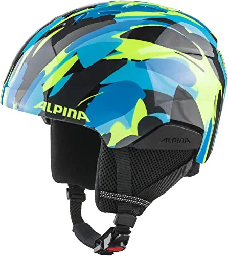 ALPINA Unisex-Kinder PIZI Skihelm, neon-Blue Green Gloss - Skihelme für Kinder, sicherer Hartschalenhelm mit abnehmbaren Ohrenpolstern und integriertem Nackenwärmer für extra Wärme.