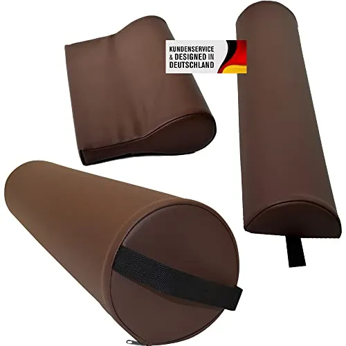 Promafit Massagezubehör Set 3 bestehend aus 1x Vollrolle Knierolle mit Griff 1x Lagerungsrolle Halbrolle und 1x Nackenkissen Kopfstütze für die Massageliege wasserabweisend (Braun)