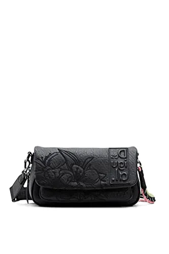 Desigual Damen Bag Soft Tromso 2000 Black - Umhängetasche mit 3 Fächern, exklusivem Blumenrelief-Logo und stylischem Kordel-Anhänger für einen trendigen Look.