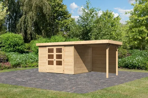 Karibu Gartenhaus Gerätehaus Askola 5 im Set mitAnbaudach 2,40 m Breite und 19 mm Rückwand naturbelassen 522x246x211 cm