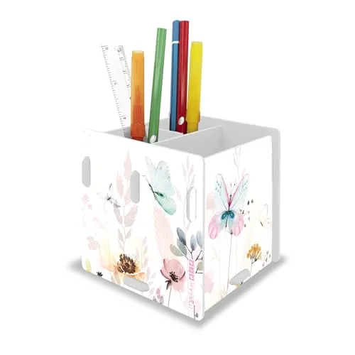 itenga Stifteköcher mit Motiv zum Zusammenstecken - 3 Fächer - Stiftehalter Kinder Schüler Schreibtisch Organizer Stiftebox - 10x 10 x 9,5cm (Motiv Schmetterling)