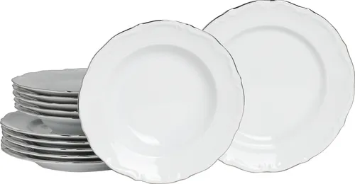 CreaTable - Maria Theresia 12-tlg Tafelservice (Platin) - Komplett-Service aus edlem Porzellan, ideal für festliche Anlässe. Bestehend aus 6 Speise- und 6 Suppentellern, klassisches Design in Silber, Handwäsche empfohlen.