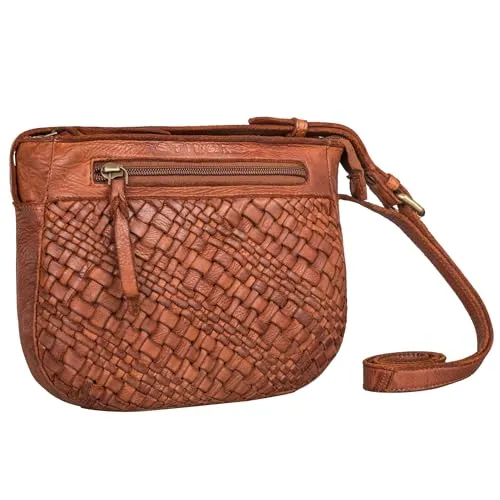 STILORD 'Jutta' Geflochtene Handtasche Damen Leder Flechttasche - Kleine Umhängetasche Flechtoptik Ledertasche - Vintage Abendtasche Echtleder Crossbody Bag Beuteltasche, Farbe:albi - washed - cognac