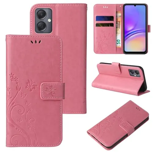 LBH Handy Hülle für Samsung Galaxy A05 Case Handytasche Schmetterling Blumen Flower Standfunktion Schutzhülle Magnet Rundum Schutz 360 Grad Flipcase Cover Rosegold