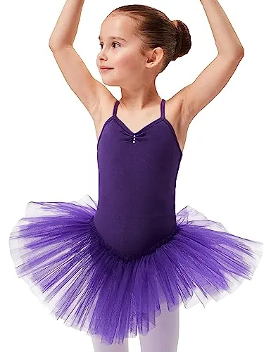 tanzmuster Ballettkleid Mädchen Tutu - Kim - weicher Baumwollstoff - Glitzersteine - Ballett Trikot mit Tüllrock für Kinder - lila, 152/158