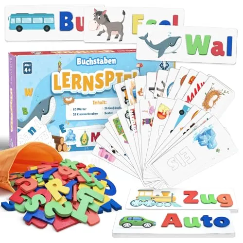 NIYYAH Buchstaben Lernspiel ABC Montessori ab 4 5 6 Jahre Schreiben & Lesen Lernen inkl E-Book Vorschule Schulanfänger 1. Klasse Geschenk Einschulung für Kinder Mädchen Junge (Holz)