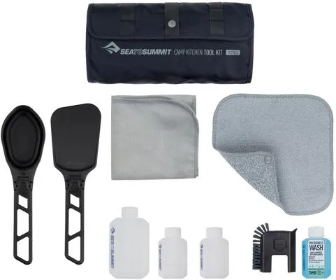 Camp Kitchen Tool Kit - 10-teiliges Küchenset für Abenteurer - Outdoor Geschirr für die Campküche, inkl. faltbare Utensilien und wiederverwendbare Flaschen - perfekt für Camping und Outdoor-Aktivitäten.