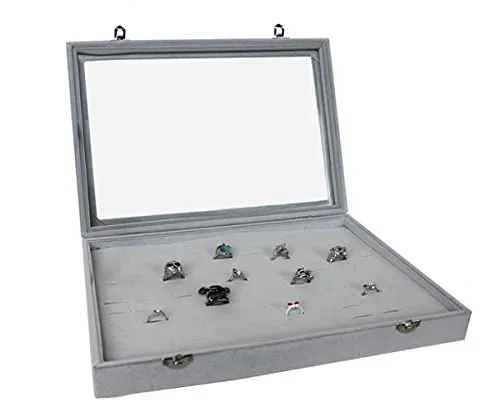 Schaukasten Schmuckkasten Schmucklade Schmuckdisplay Glasdeckel grau (mit 100 Schlitze für breite Ringe)