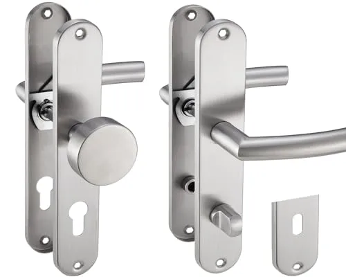 Stahlia Drückergarnitur Langschild Renovierungsgarnitur Edelstahl gebürstet LIA | BB - Buntbart | Türbeschlag Innentüren, Zimmertüren, Eingangstüren für Türstärke 20 – 47 mm | Befestigungsmaterial