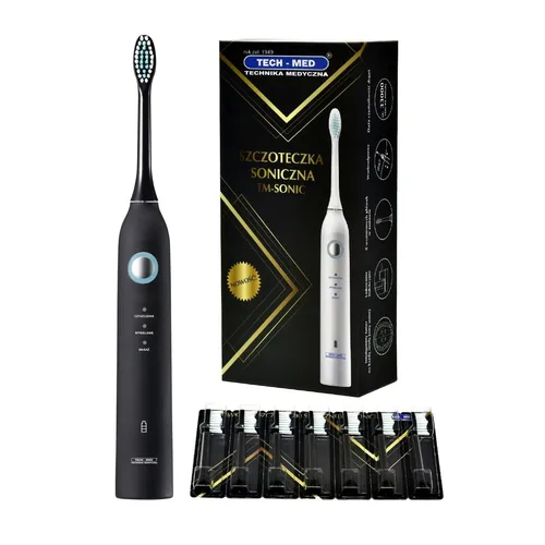 Tech-Med Schallzahnbürste TM-SONIC mit 33000 Vibrationen - Elektrische Zahnbürste für Unisex Erwachsene, ergonomisches Design, mehrere Reinigungsmodi und inklusive Ersatzköpfe für optimale Mundpflege.