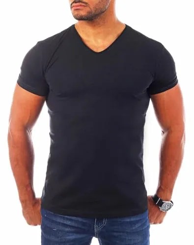 Produktbild Young & Rich Herren Uni T-Shirt mit V-Ausschnitt Basic V-Neck Tee mit Stretchanteilen einfarbig Slim fit 1700, Grösse:M, Farbe:Schwarz