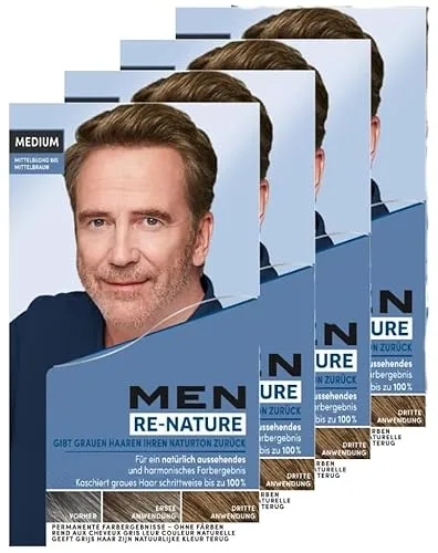 Produktbild Men Perfect Re-Nature Männer Mittelblond bis Mittelbraun (4x 145 ml), Re-Pigmentierungs-Creme, stellt ohne Haare färben die Naturhaarfarbe wieder her und kaschiert schonend graue Haare