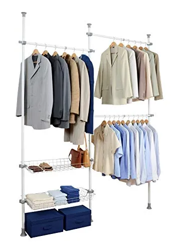 WENKO Teleskop-System Herkules Duo: Flexibles Ordnungssystem für begehbare Kleiderschränke - Kleiderständer mit 3 Stangen und 2 Ablagekörben, individuell verstellbar von 165-300 cm, ideal für optimalen Stauraum und einfache Montage ohne Bohren.
