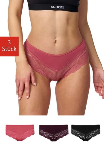 Snocks 3er Pack Hipster Lace - Damen Baumwolle Panties mit Spitze - Funktionsunterwäsche mit perfekter Passform aus 95% Bio-Baumwolle, nahtloses Design für unsichtbaren Tragekomfort und elegantes Spitzen-Detail.