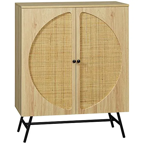 HOMCOM Aufbewahrungsmöbel Highboard in Holzoptik und Rohrgeflecht Design 2 Türen
