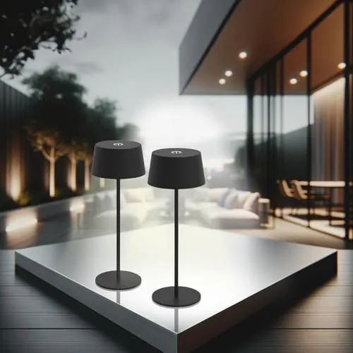 Lunartec LED Akku Tischlampe: 2er-Set LED-Akku-Tischleuchte, 150lm, 1200mAh, warmweiß, dimmbar, IP44 (Tischlampe Touch, kabellos Outdoor, Kabellose Stehlampe)