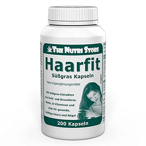 HaarFit Süßgras vegane Kapseln 200 Stk. - mit Süßgras-Extrakten aus Gold- und Braunhirse, Biotin, B-Vitaminen und Zink für gesunde, kräftige Haare und Nägel
