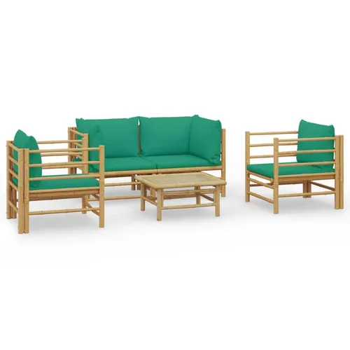 vidaXL 5-tlg. Garten-Lounge-Set mit Grünen Kissen aus Bambus - Elegantes Garten-Lounge-Set aus robustem Bambus, ideal für entspannte Stunden im Freien mit bequem gepolsterten Kissen und praktischem Tisch.