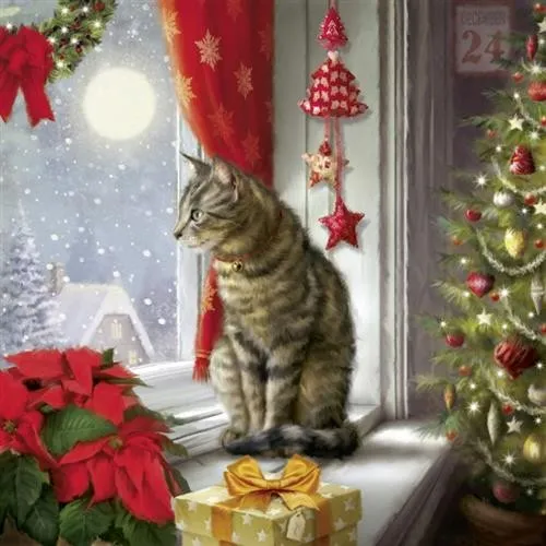 Servietten Silent Moment Katze Weihnachten Winter Schnee Tischdeko 33x33cm 20