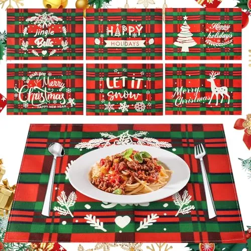 LPAMABA 6pcs Leinen Weihnachten Tischsets 44,5x31,5cm Platzdeckchen Platzset Weihnachten Tischmatten Untersetzer Rutschfest Weihnachtstischsets Hitzebeständig Weihnachtsplatzset Tischdeko Abwaschbar