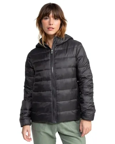 ROXY Wind Bliss Hooded Damenjacke, grau (phantom), Gr. M - Funktionsjacke aus 100% recyceltem Nylon, leicht und wattiert mit durchgehend gefütterter Kapuze. Ideal für aktive Frauen, die Wert auf Nachhaltigkeit und Komfort legen.
