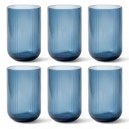 GMMH 6er-Set Geriffelte Trinkgläser und Weingläser, Line, Linie Geriffelt, Ribbed, Glas, Longdrinkgläser, Cocktail Gläser mit Prägung, Trinkglas, Weinglas, Wasserglas (Blau Trinkglas)