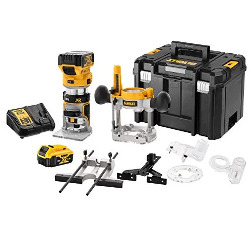DeWalt DCW 604 P2 Akku Kombifräse 18V - Präzise 55 mm Frästiefe, inklusive zwei leistungsstarker 5,0Ah Akkus und Ladegerät – ideal für professionelle Anwendungen im Holzbau.