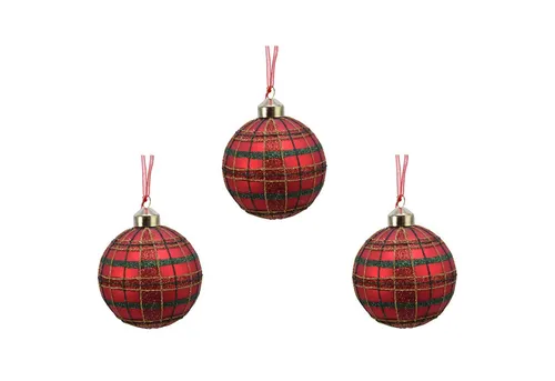 Kaemingk Christbaumschmuck, Weihnachtskugeln Glas Schottenkaro Muster 8cm weihnachtsrot, 3er Set