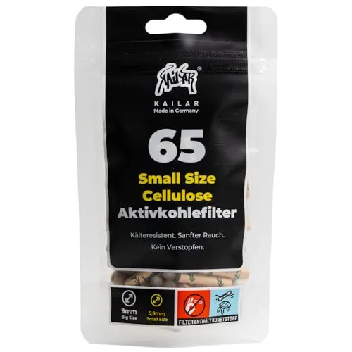 KAiLAR 65 Ungebleicht Cellulose Aktivkohlefilter Slim (6 mm) mit veganer Aktivkohle aus Kokosnussschalen | Für ein sanftes Raucherlebnis ohne zu verstopfen (Kälteresistenz)