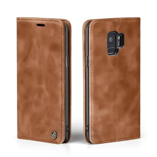 LBH Handyhülle für Samsung Galaxy S9 in Hellbraun mit Karten- und Geldfach Smartphone Hülle mit Standfunktion Flip Case Schutzhülle Magnetverschluss Vintage
