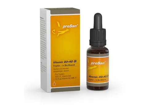 proSan Vitamin D3+K2 Öl - Hochdosiert aus Bio-Olivenöl, 20 ml - Fettlösliche Vitamine: Hochdosiertes Vitamin D3 und K2 in bioverfügbarer Form, unterstützt das Immunsystem und ist vegetarisch sowie frei von Konservierungsstoffen.