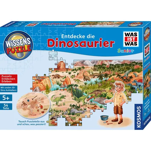 KOSMOS Was ist Was Junior Wissens Puzzle - Entdecke die Dinosaurier, 100 Teile, interaktives Lernen mit Saurierfiguren und Poster für neugierige Kinder ab 5 Jahren