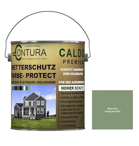 Contura Wetterschutzfarbe 500ml. Holz Dauerschutzfarbe Deckend Buntlack Holzfarbe Holzlasur Seidenmatt (Natur Grün - RAL 6021 Analog)